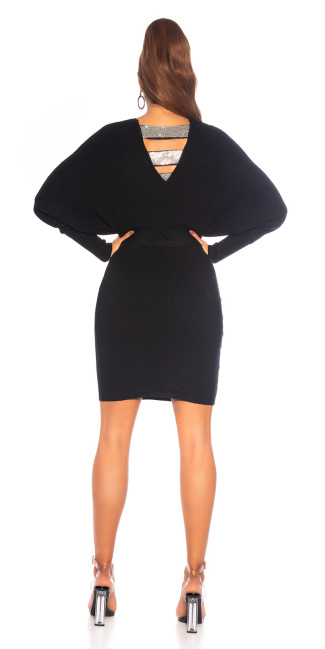 V-Neck Knit Dress with Decorative Buckle Black